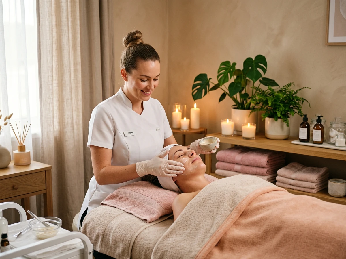 Esthéticienne prenant soin d'une cliente dans un institut de beauté zen