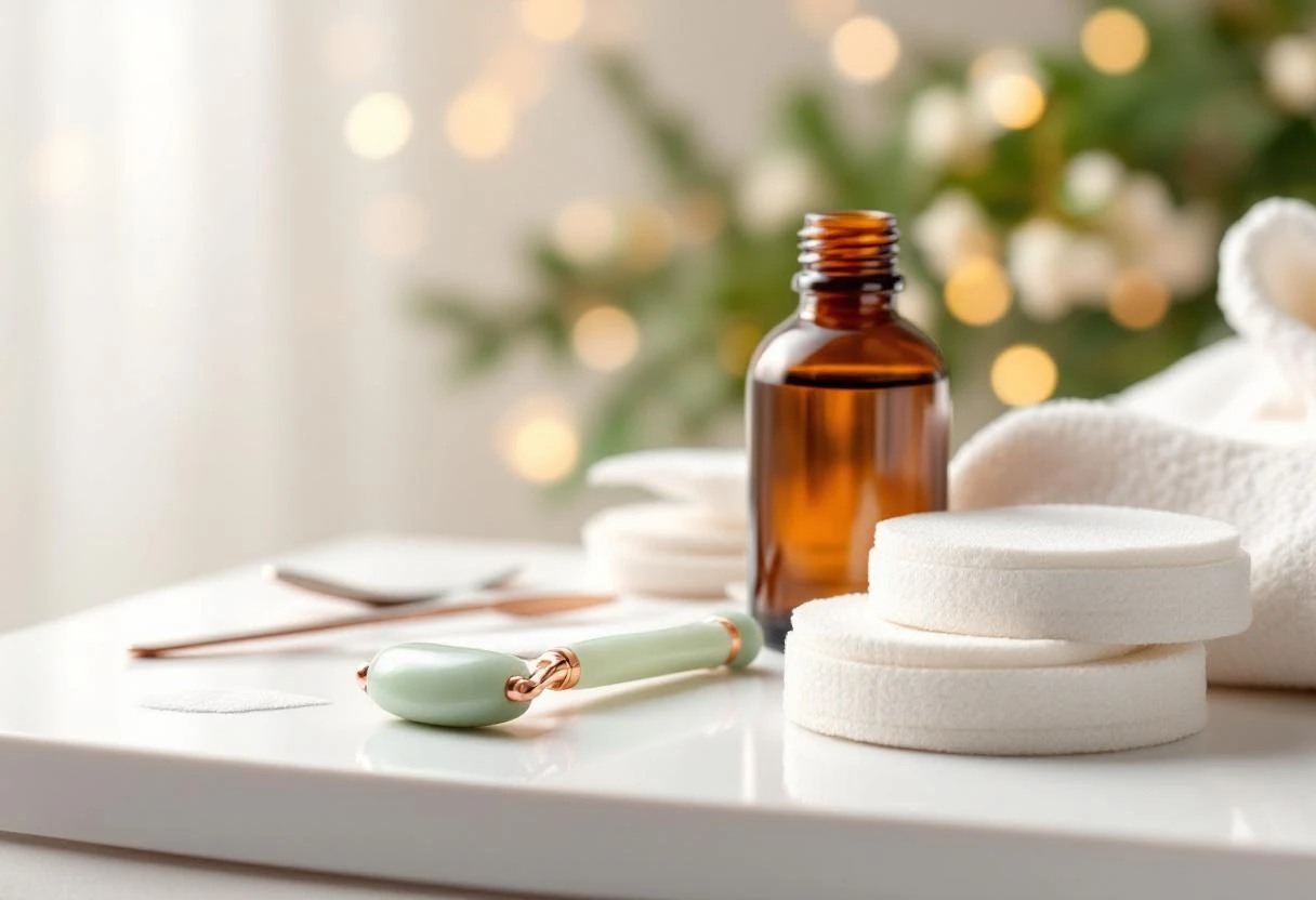 Table de soins équipée avec accessoires beauté soigneusement disposés