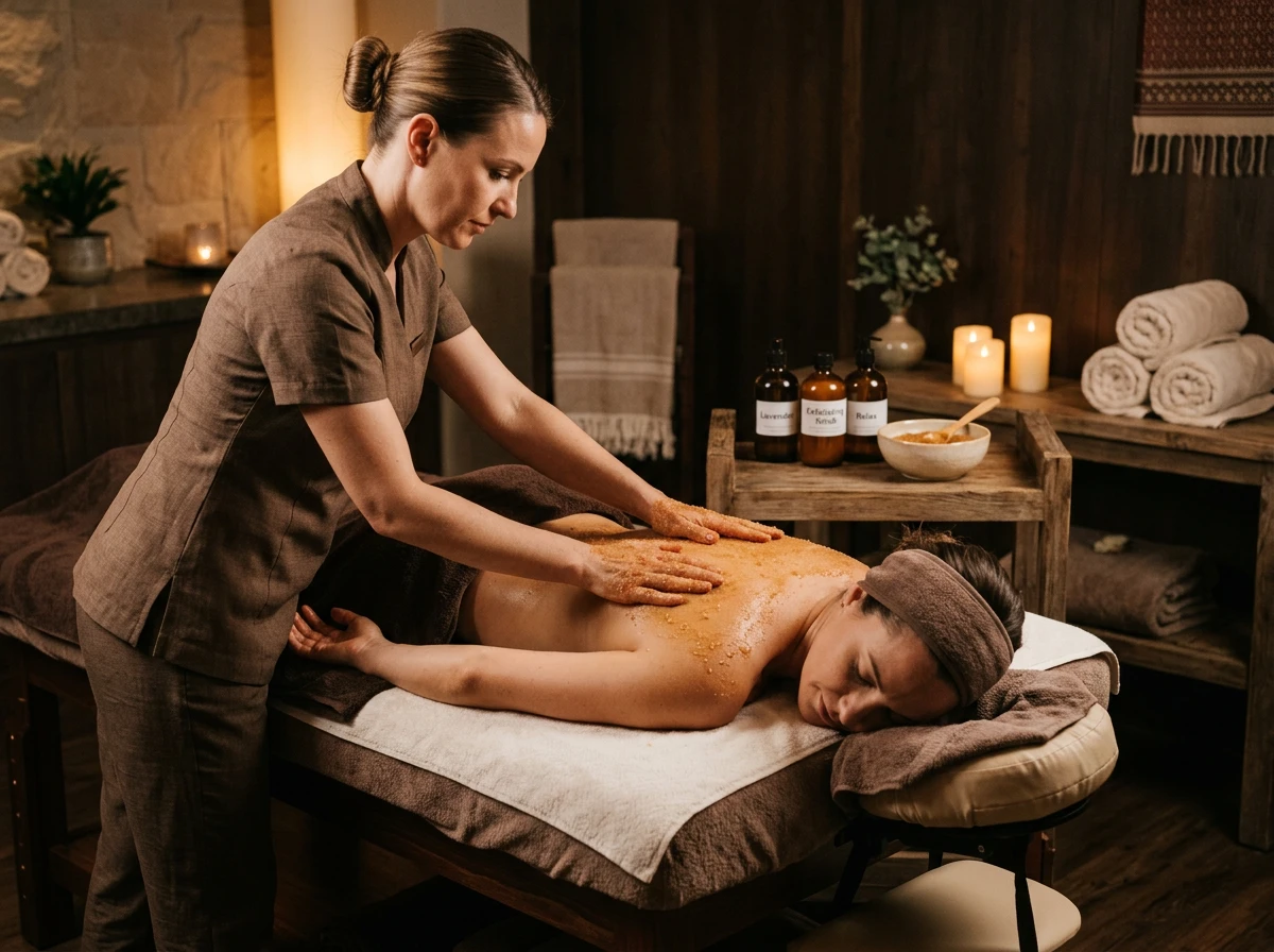 Soin du corps avec gommage et enveloppement dans un institut de beauté zen