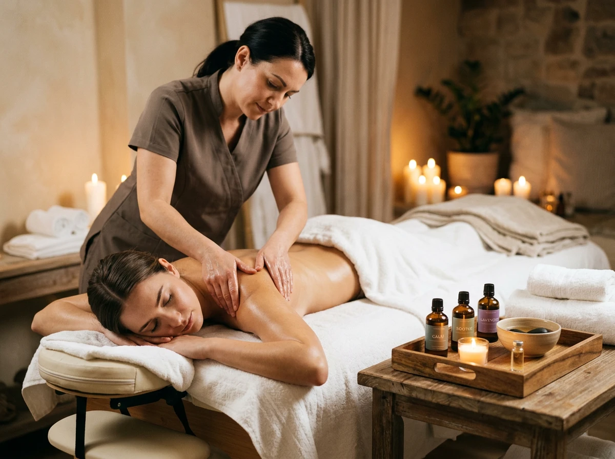 Massage relaxant aux huiles essentielles dans un cadre zen et apaisant
